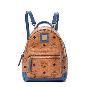 Authentic MCM Visetos X-Mini Stark Backpack in Cognac and Blue